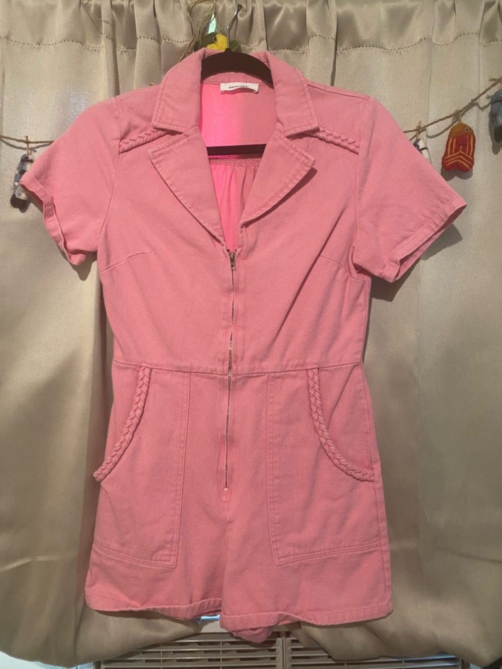 Pink Short Sleeve Romper with Front Zip & Braided Trim
